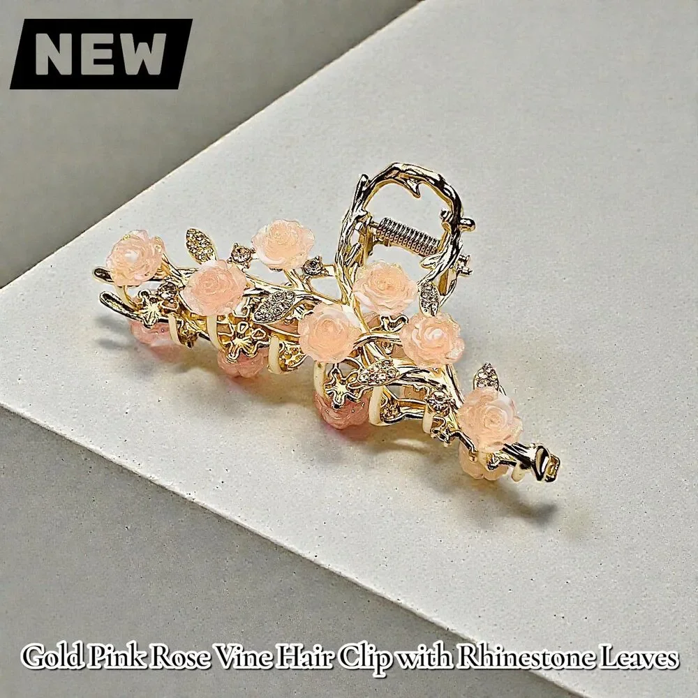 New Gold Pink Rose Vine Hair Clip with Rhinestone Leaves